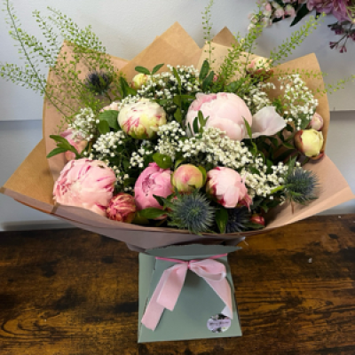 Peony bouquet - Seasonal peonies with foliage and filler.